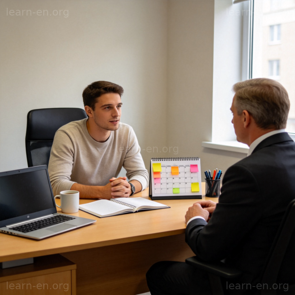 Ask for leave 图解：员工在办公室向经理礼貌请假的场景