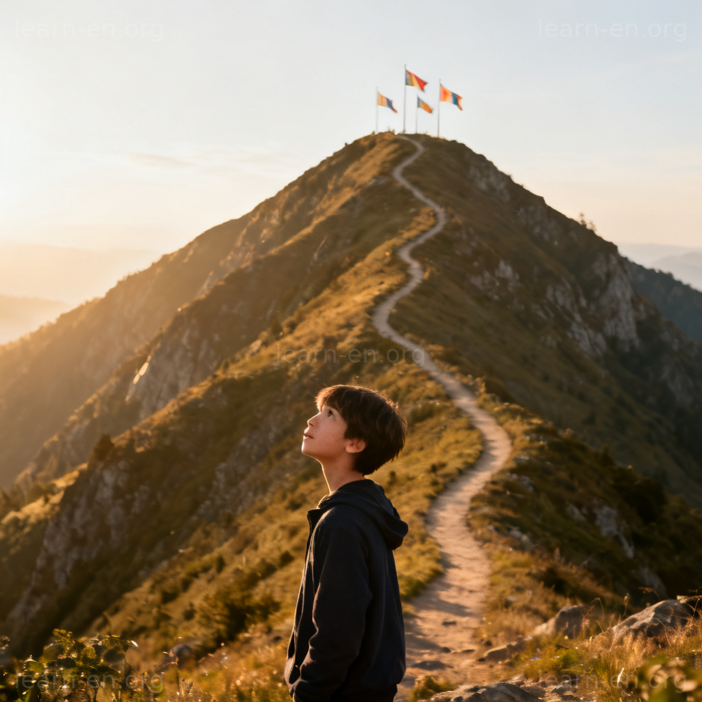 aspiration 抱负含义图解：年轻人仰望象征成就的山峰