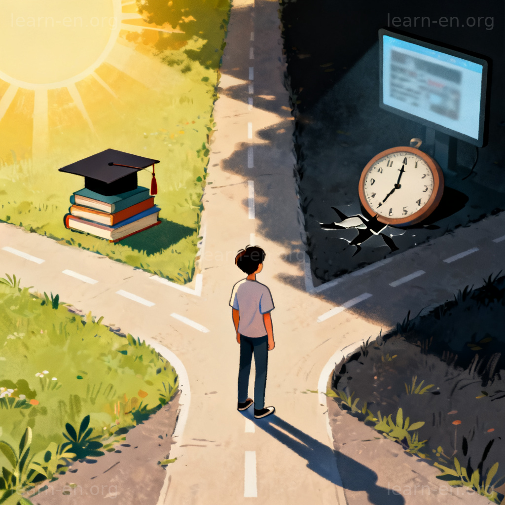 astray 误入歧途图解：年轻人在象征善恶的十字路口前