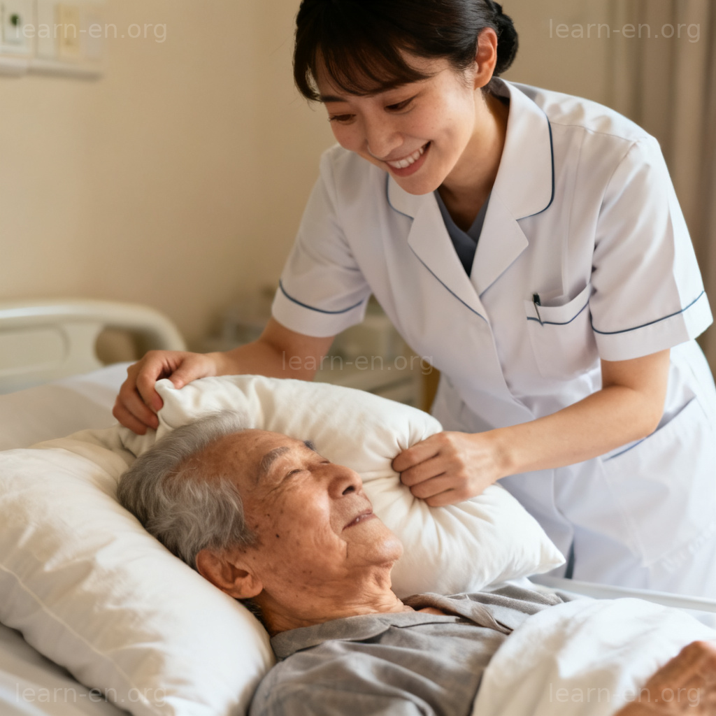 attend 照顾含义图解：护士细心照料病床上的老人