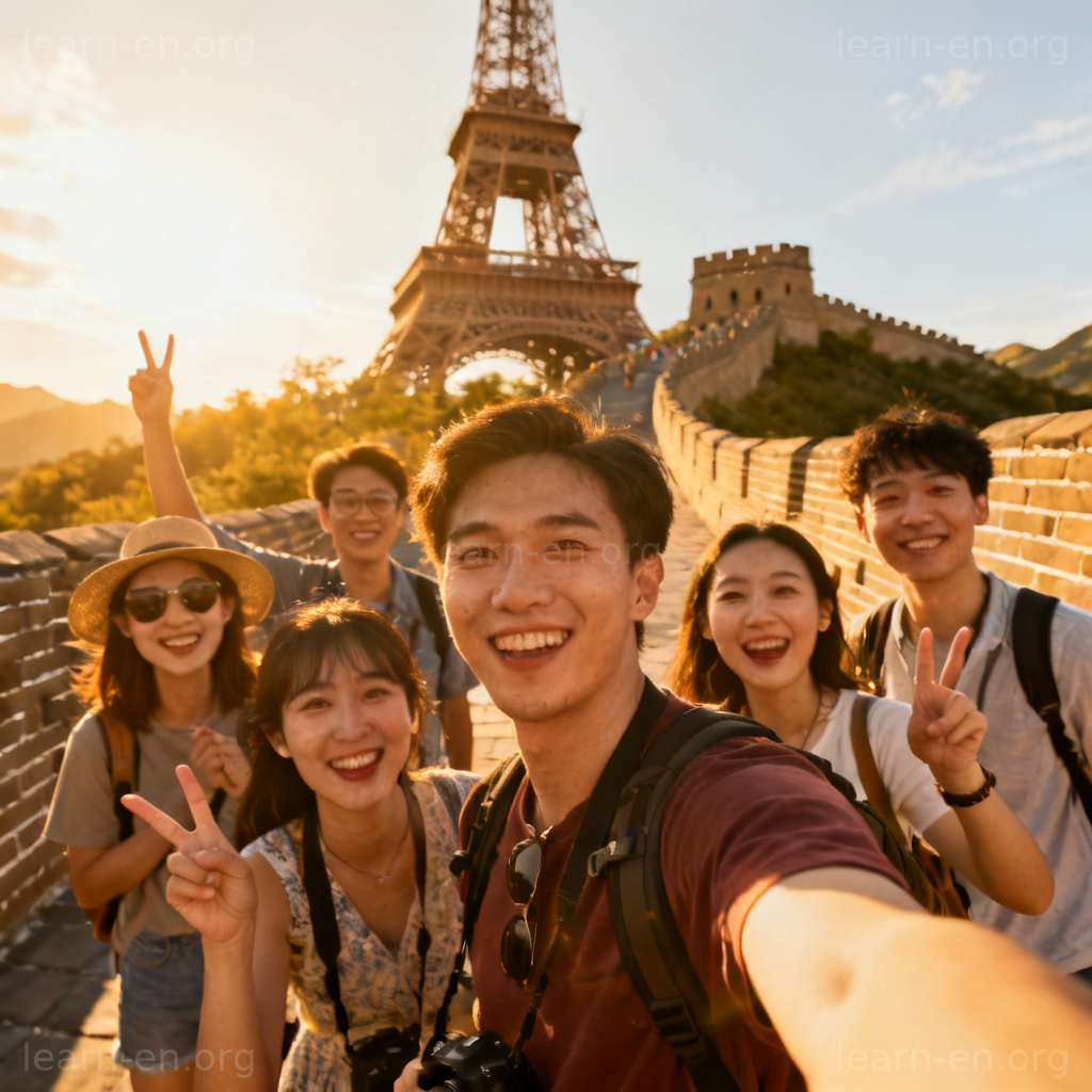attraction 旅游景点图解：游客在著名地标前拍照留念