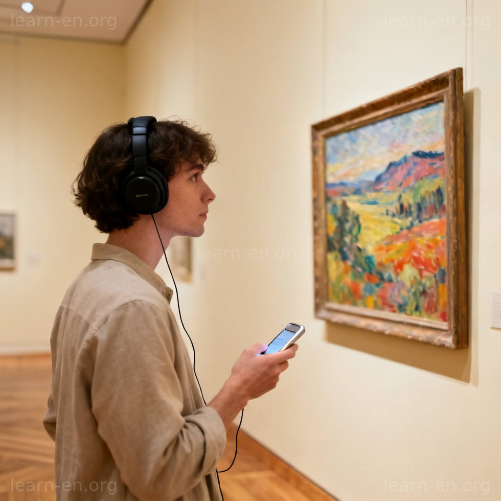 Audio guide 图解：参观者佩戴耳机使用语音导览设备欣赏画作