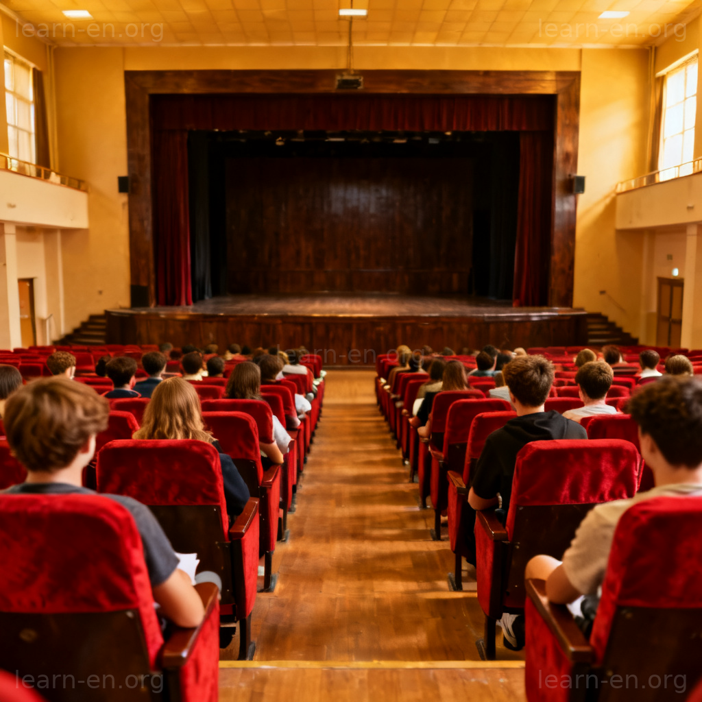 auditorium 礼堂图解：学校大礼堂内景，舞台与观众席