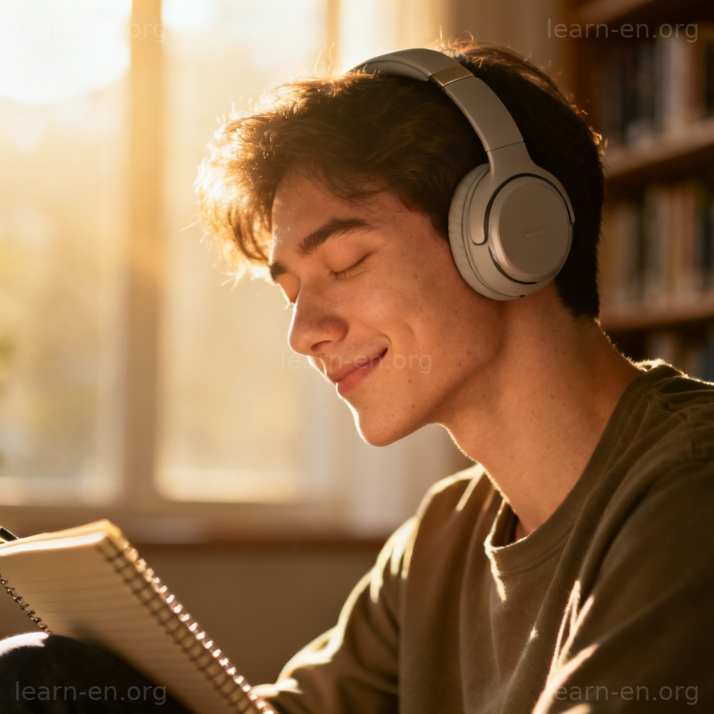 auditory 听觉图解：专注使用耳机聆听的年轻人场景