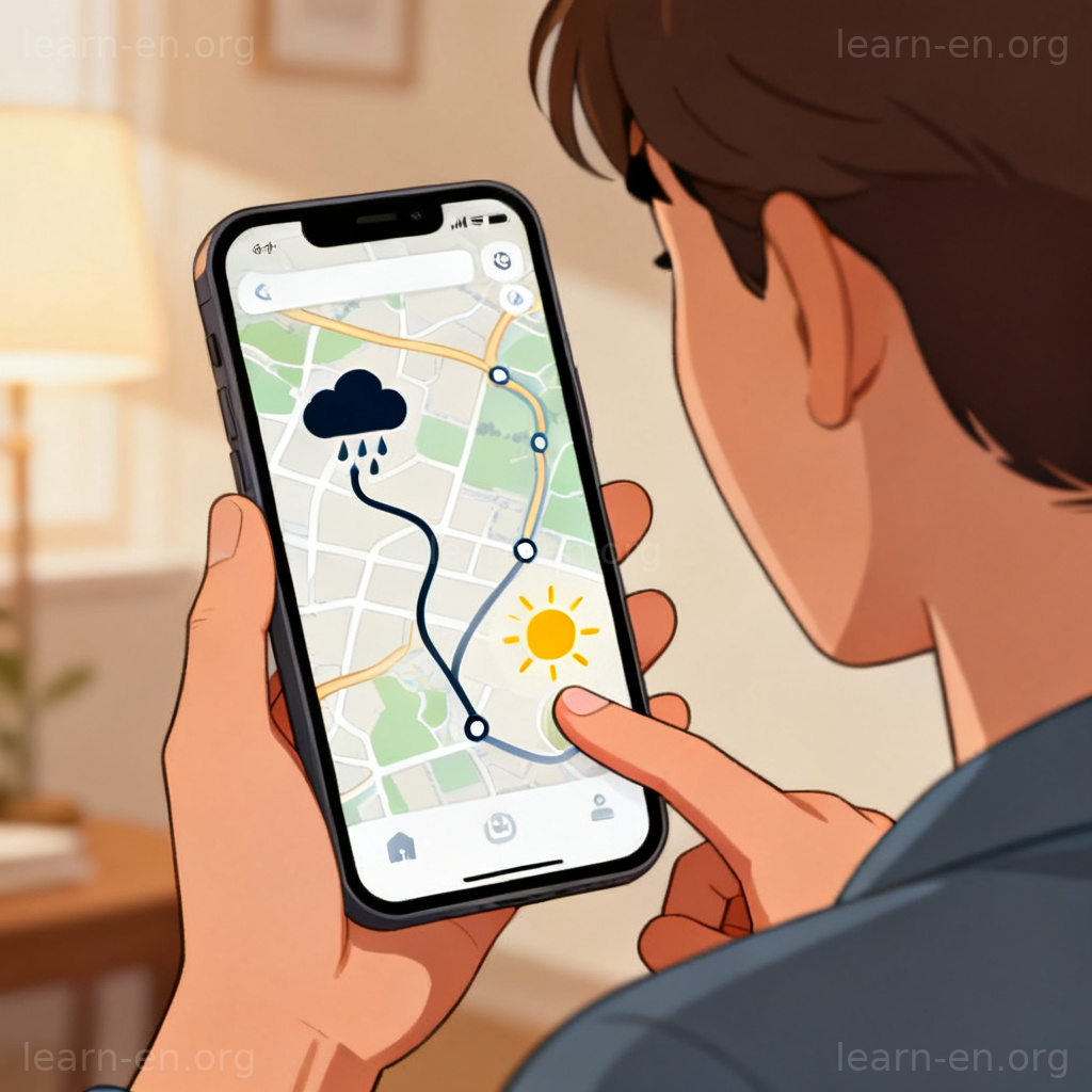 avoid 含义图解：使用地图应用避开雨天路线，选择晴天路线