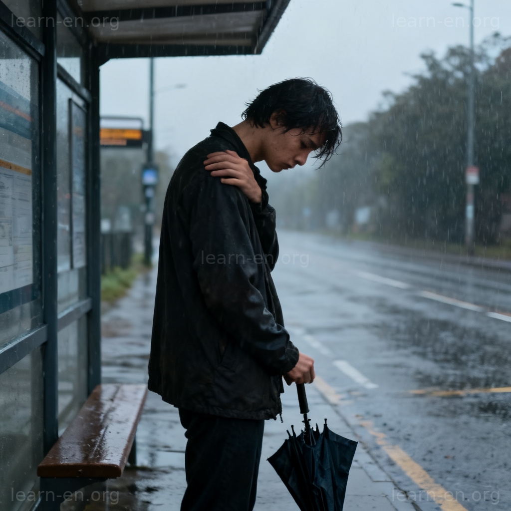 awful 含义图解：雨天车站中沮丧的人，表现糟糕的情绪