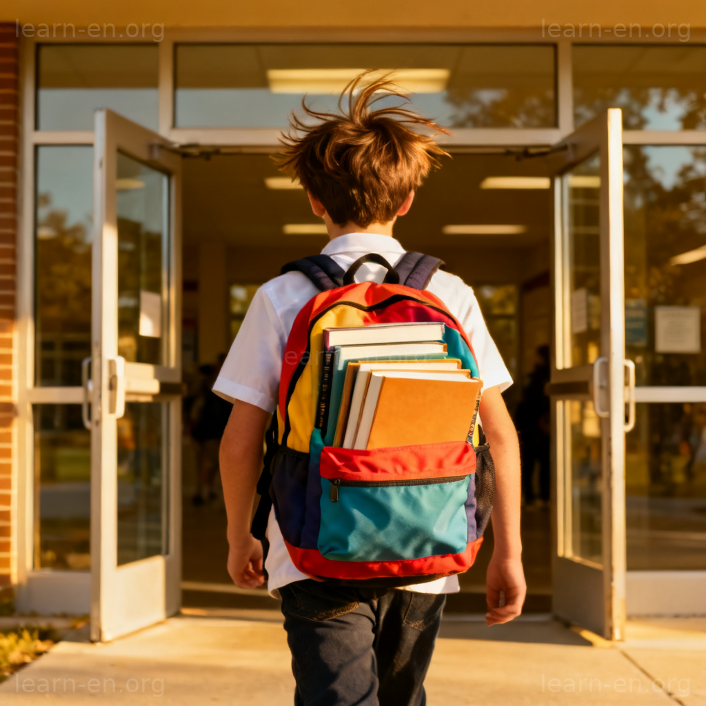 backpack 双肩包图解：学生背着红色书包走向学校
