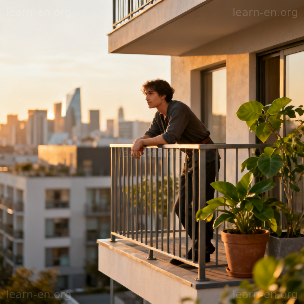 Balcony 阳台含义图解：现代公寓阳台人物倚靠栏杆场景