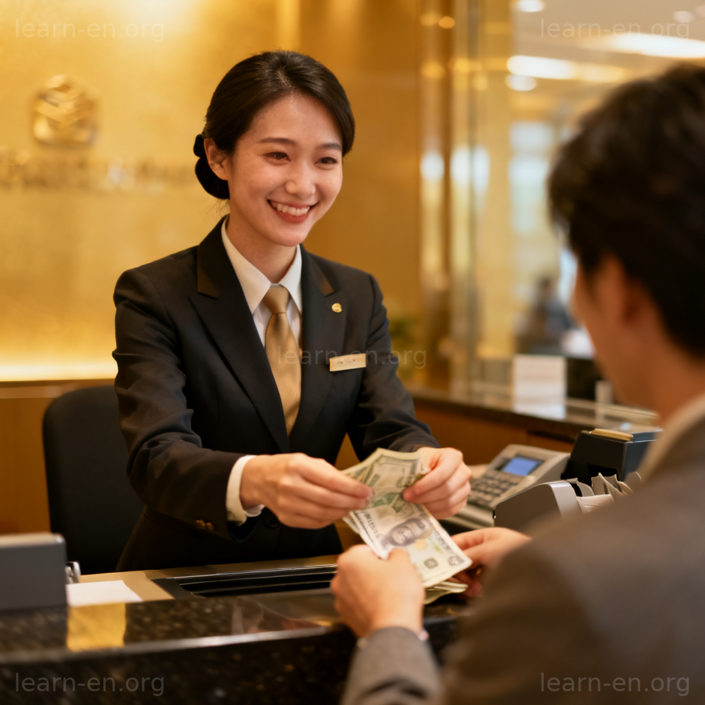 bank teller 银行出纳员在柜台为客户办理现金业务场景图解