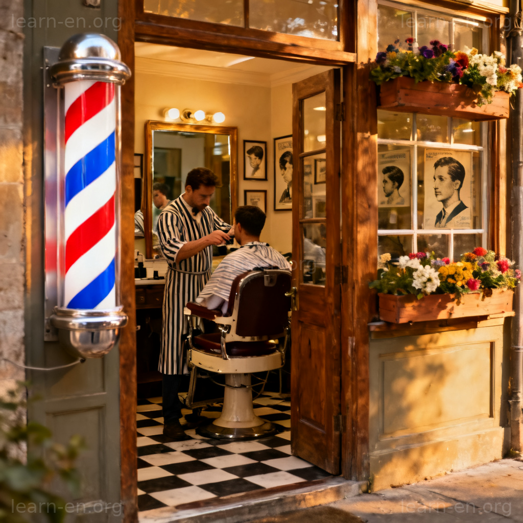 Barbershop 理发店场景图解：红白蓝旋转灯柱与理发师剪发