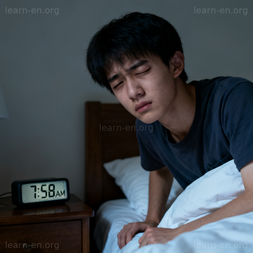 barely 含义图解：深夜困倦的学生勉强睁眼看书