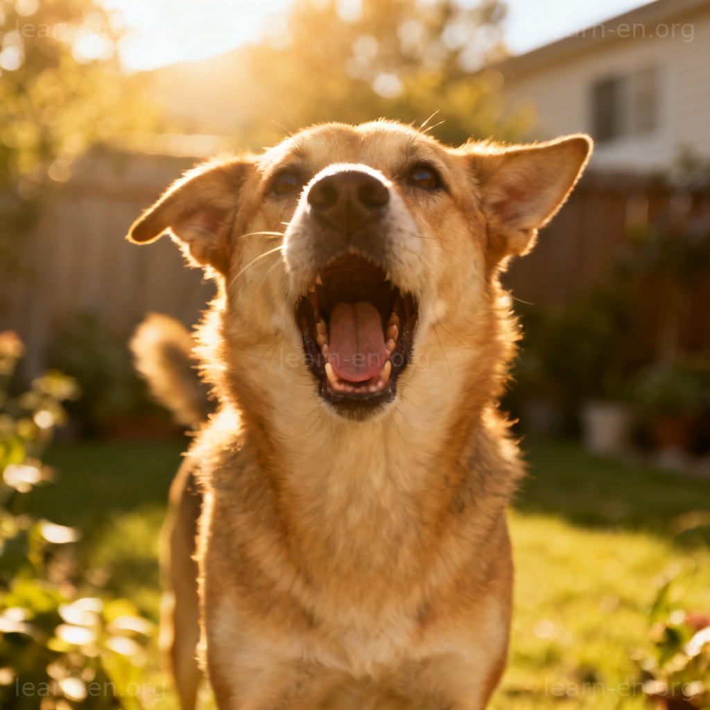 bark图解：一只狗在花园中张嘴吠叫的场景