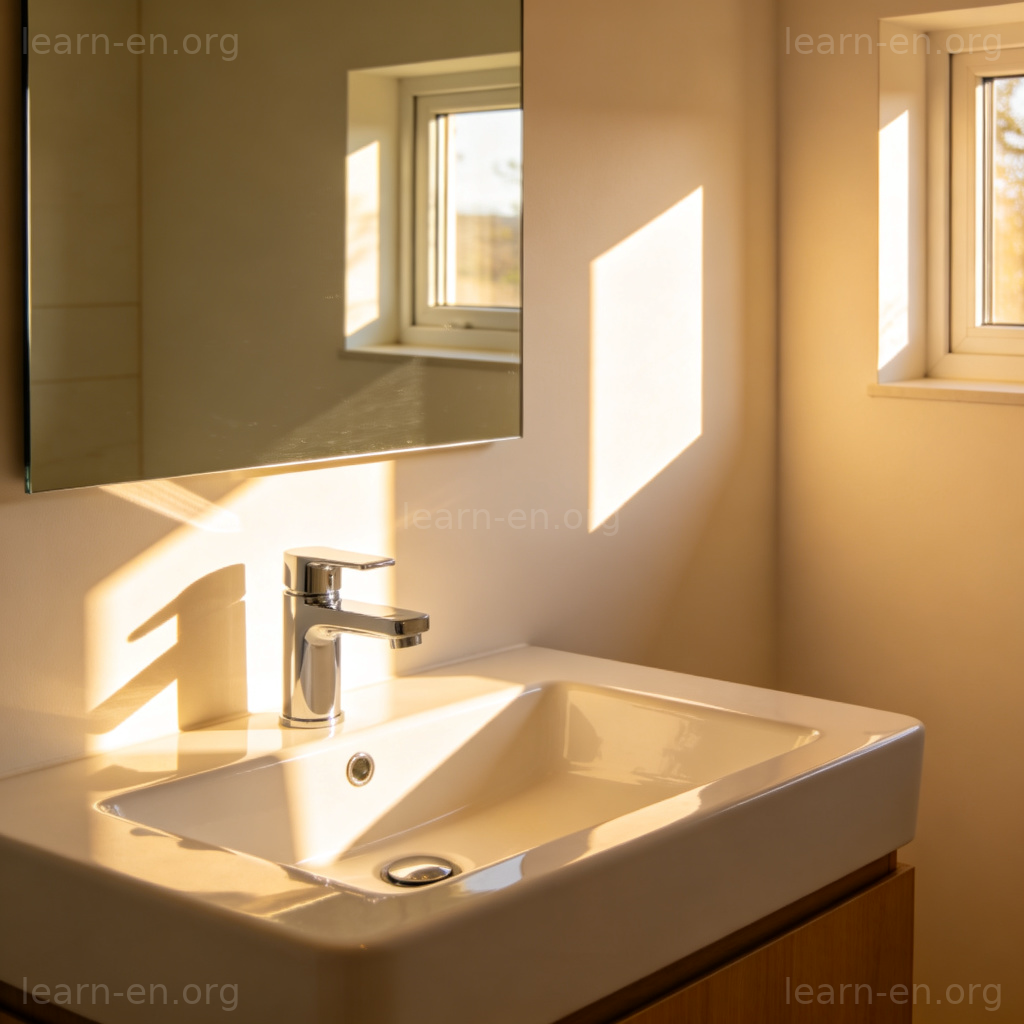Bathroom Sink 图解：现代浴室中的白色陶瓷盥洗盆与银色水龙头