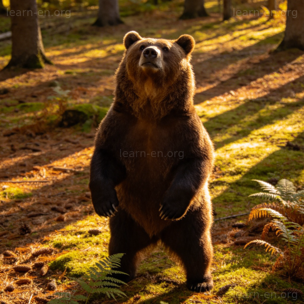 bear 动物含义图解：森林中站立的大型棕熊