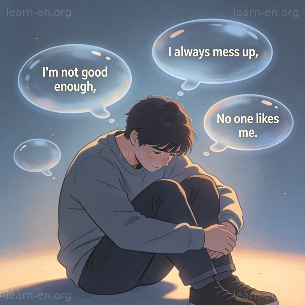 beat oneself up 图解：一个人独坐，表情悲伤，周围环绕自责的想法气泡