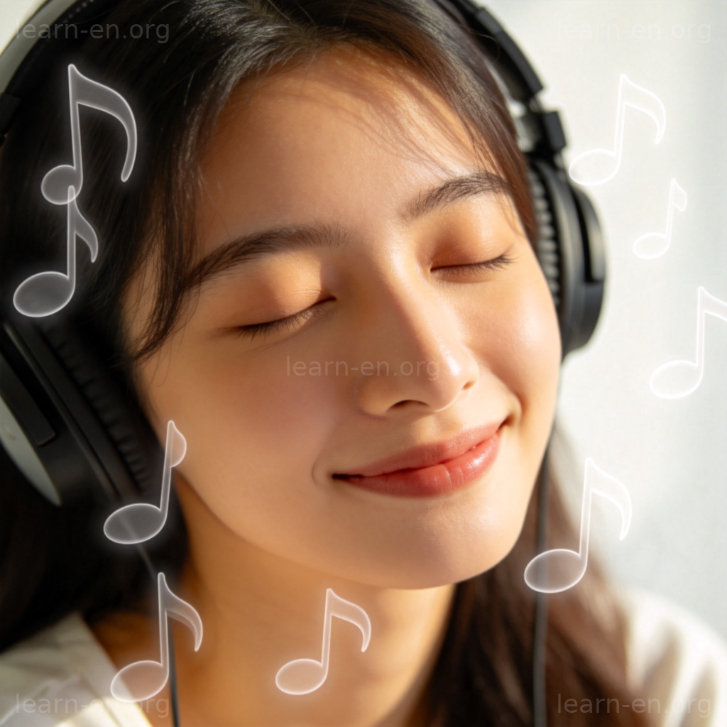 beautiful 含义图解：人物闭目聆听美妙音乐，音符环绕的场景