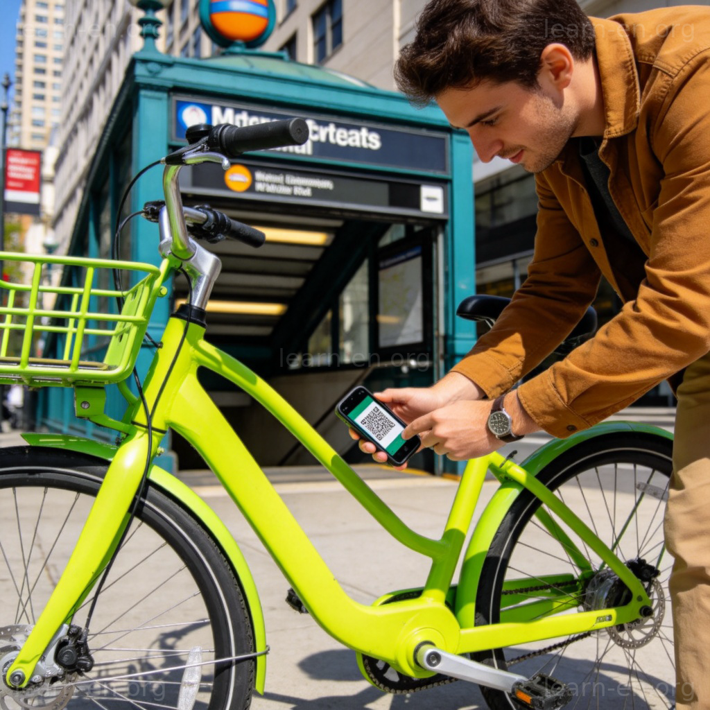 Bike Sharing 共享单车图解：用户在地铁站扫码解锁亮色单车