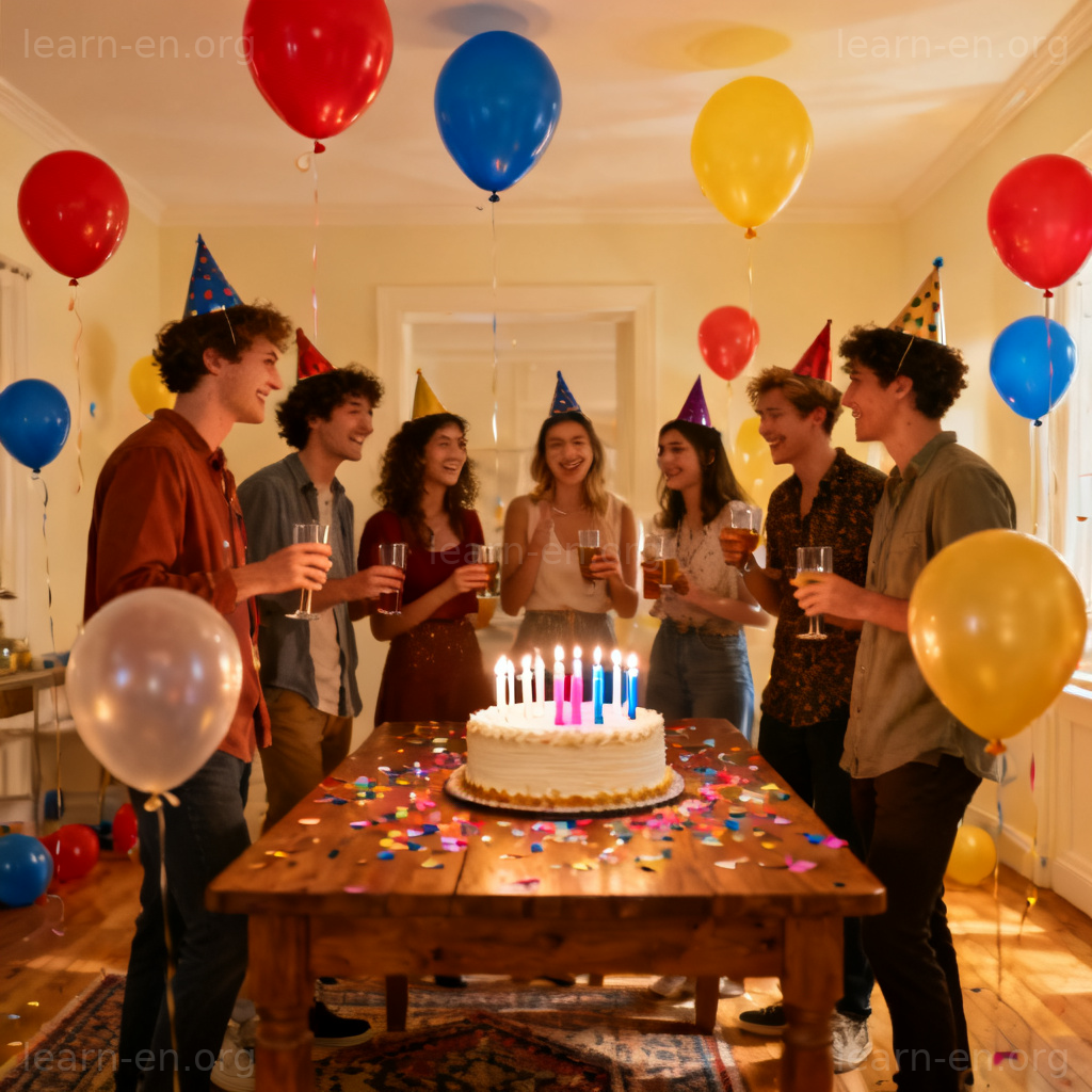 birthday party 场景图解：装饰明亮的房间，彩色气球与生日蛋糕