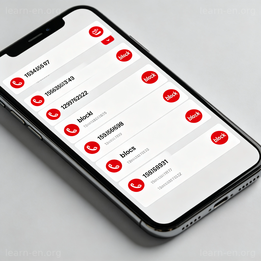 Block List 图解：手机界面显示带红色阻止图标的电话号码列表