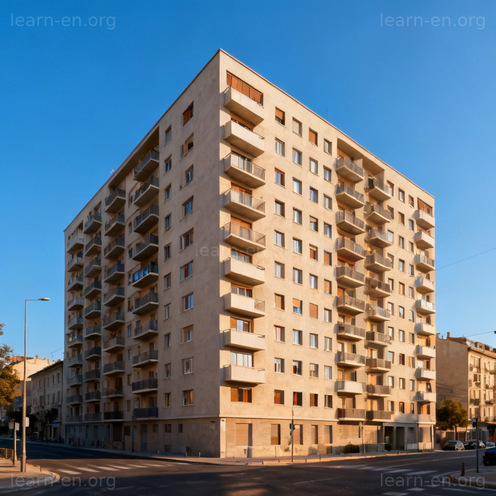 Block 大楼图解：城市街道上的多层矩形住宅建筑