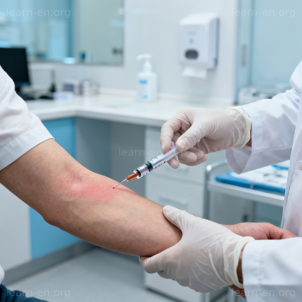 blood test图解：医护人员在诊所为患者手臂抽血场景