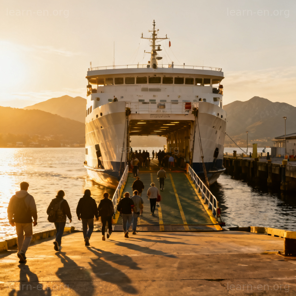 board the ferry 场景图解：乘客在阳光码头登船