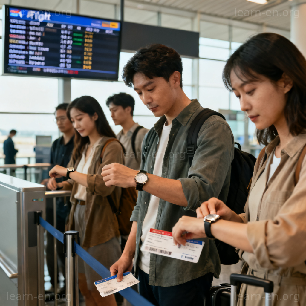 boarding time 登机时间图解：乘客在登机口查看手表和登机牌