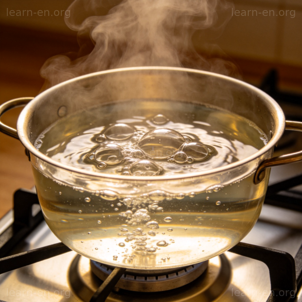 boiling 滚烫含义图解：炉灶上沸腾冒泡的水壶