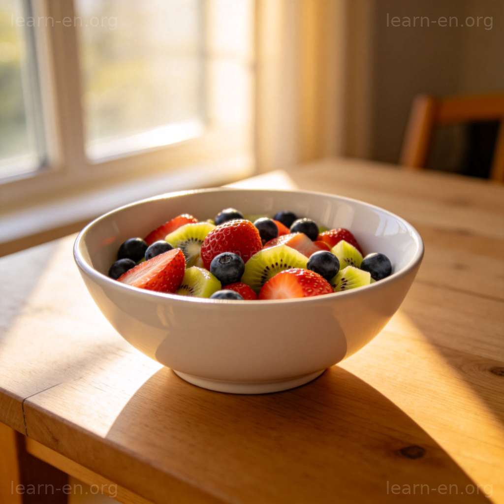 bowl 碗的图解：盛满水果沙拉的白色陶瓷碗