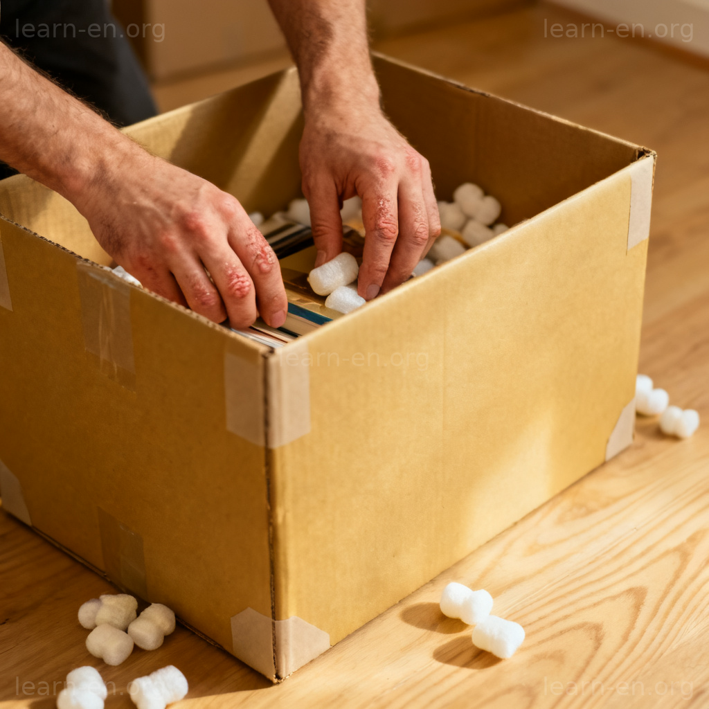 box 装箱动作图解：双手将物品放入坚固的搬家纸箱中