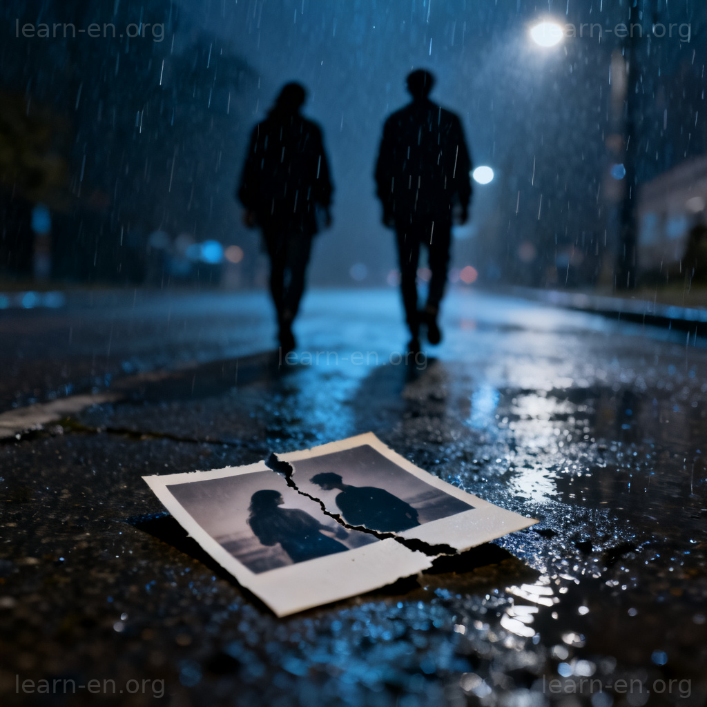 break up 分手含义图解：雨中两人背向而行