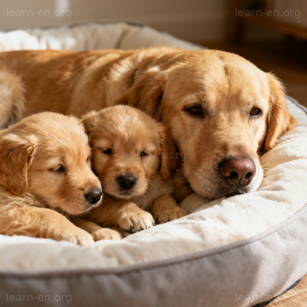breed 含义图解：母犬与幼犬温馨共处的繁殖场景