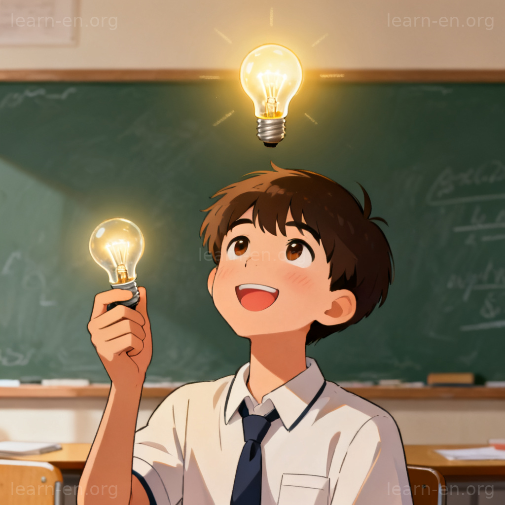 brilliant含义图解：学生头顶亮起灯泡象征绝妙想法
