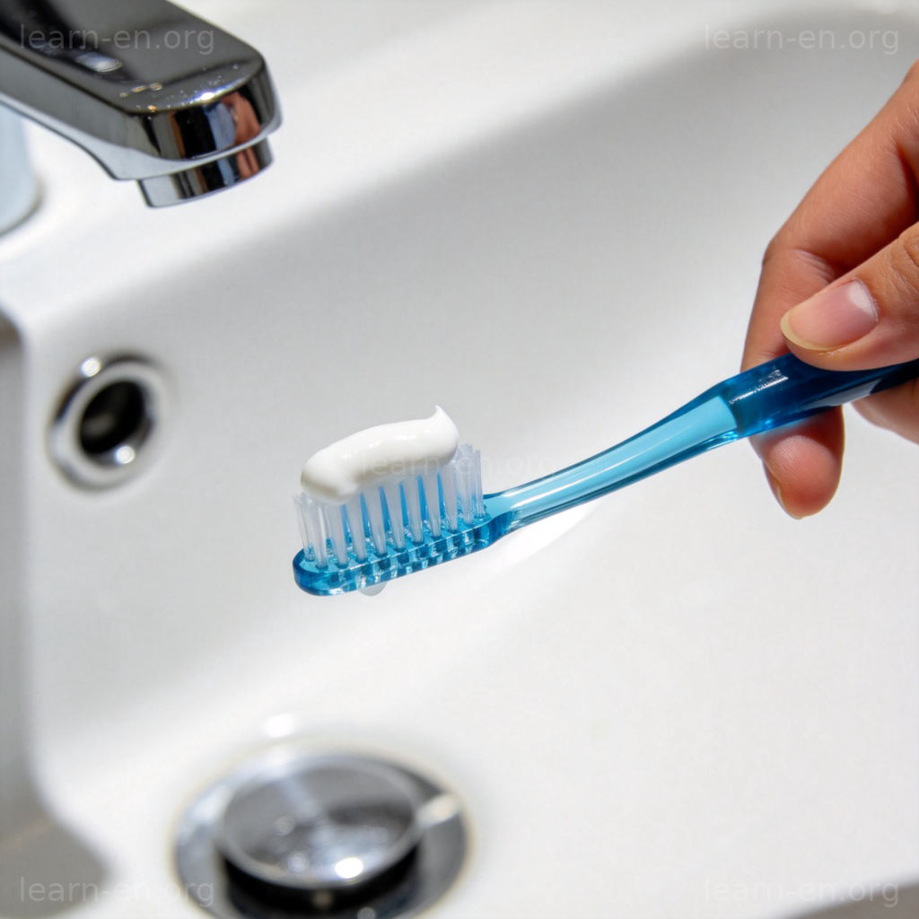Brush 图解：木质手柄蓝色刷毛的牙刷特写