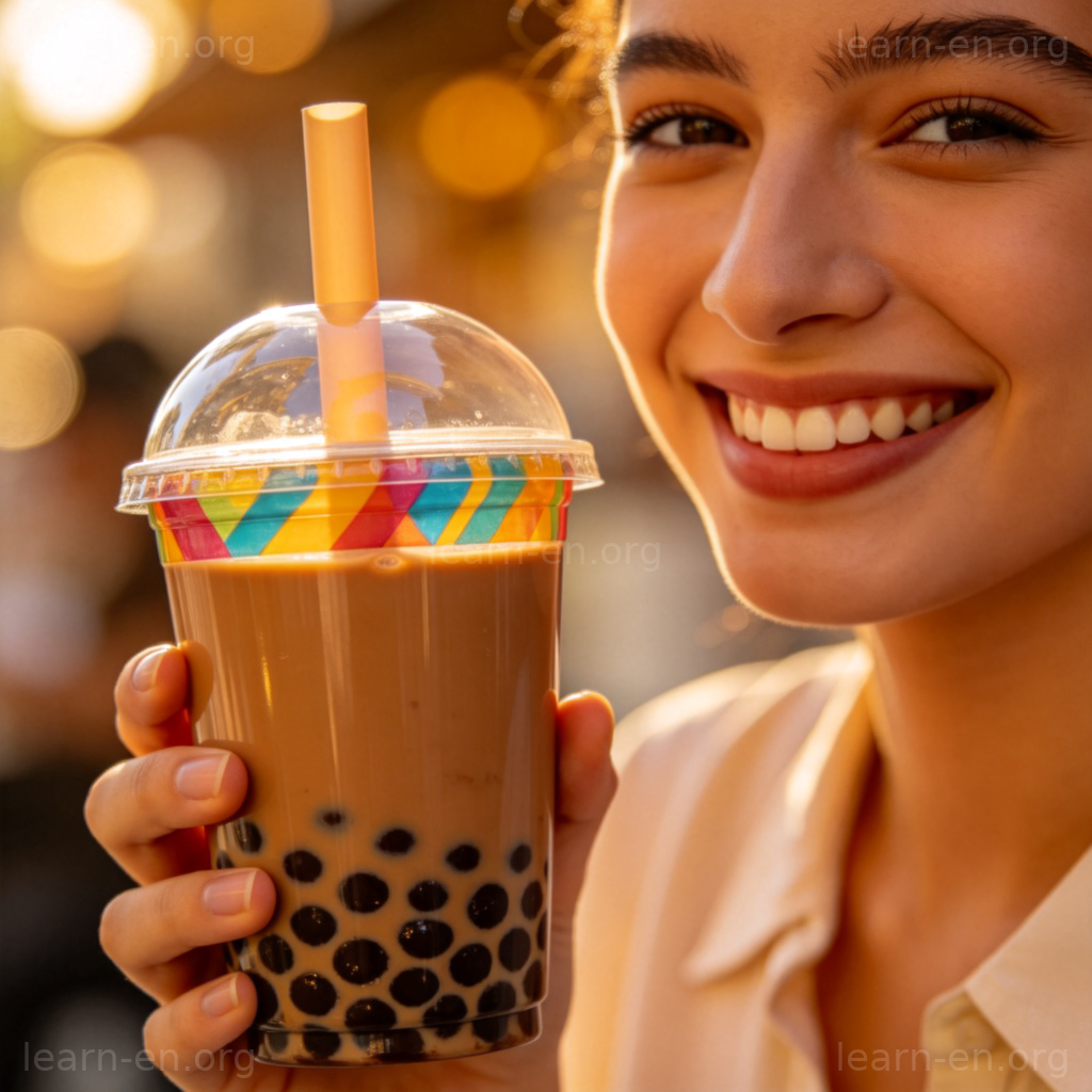 Bubble tea 图解：一杯插着粗吸管的珍珠奶茶，底部有黑色珍珠