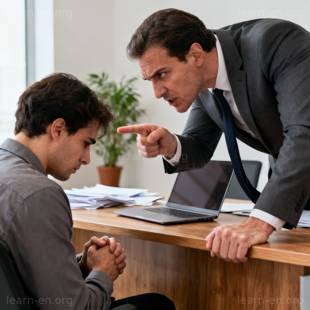 bully 欺负动词图解：办公室经理强势指责员工场景