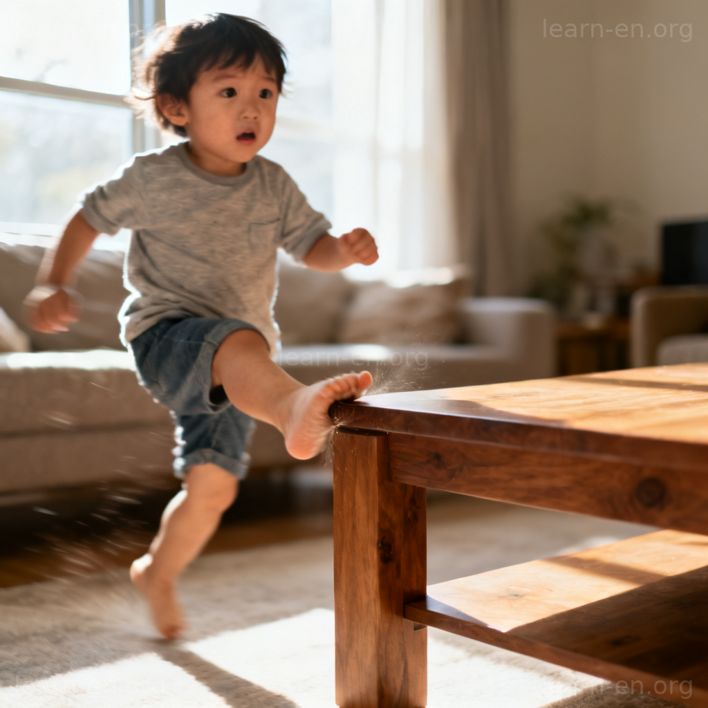 bump碰撞含义图解：小孩腿部撞到木质茶几瞬间