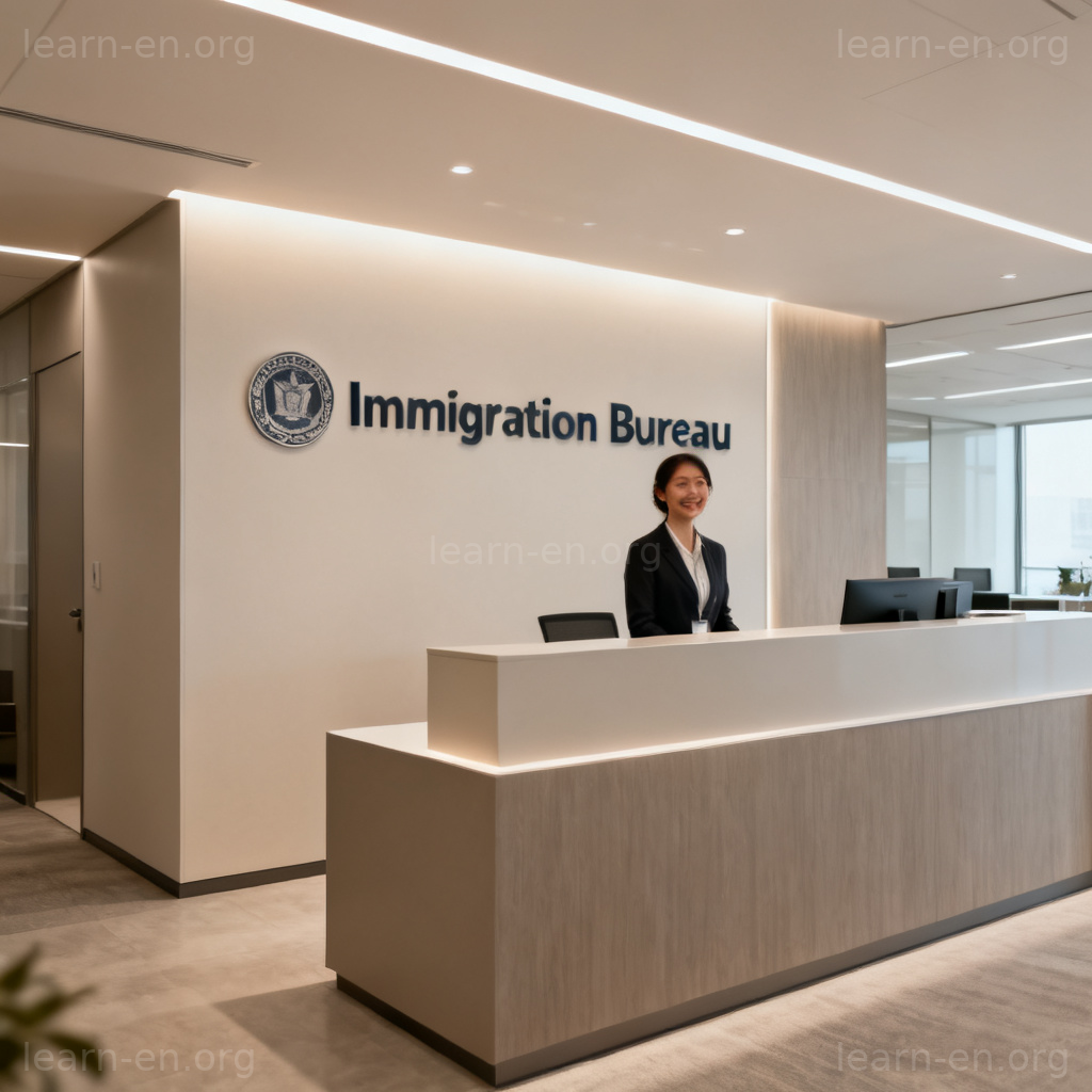bureau 含义图解：现代移民局办公室接待大厅场景