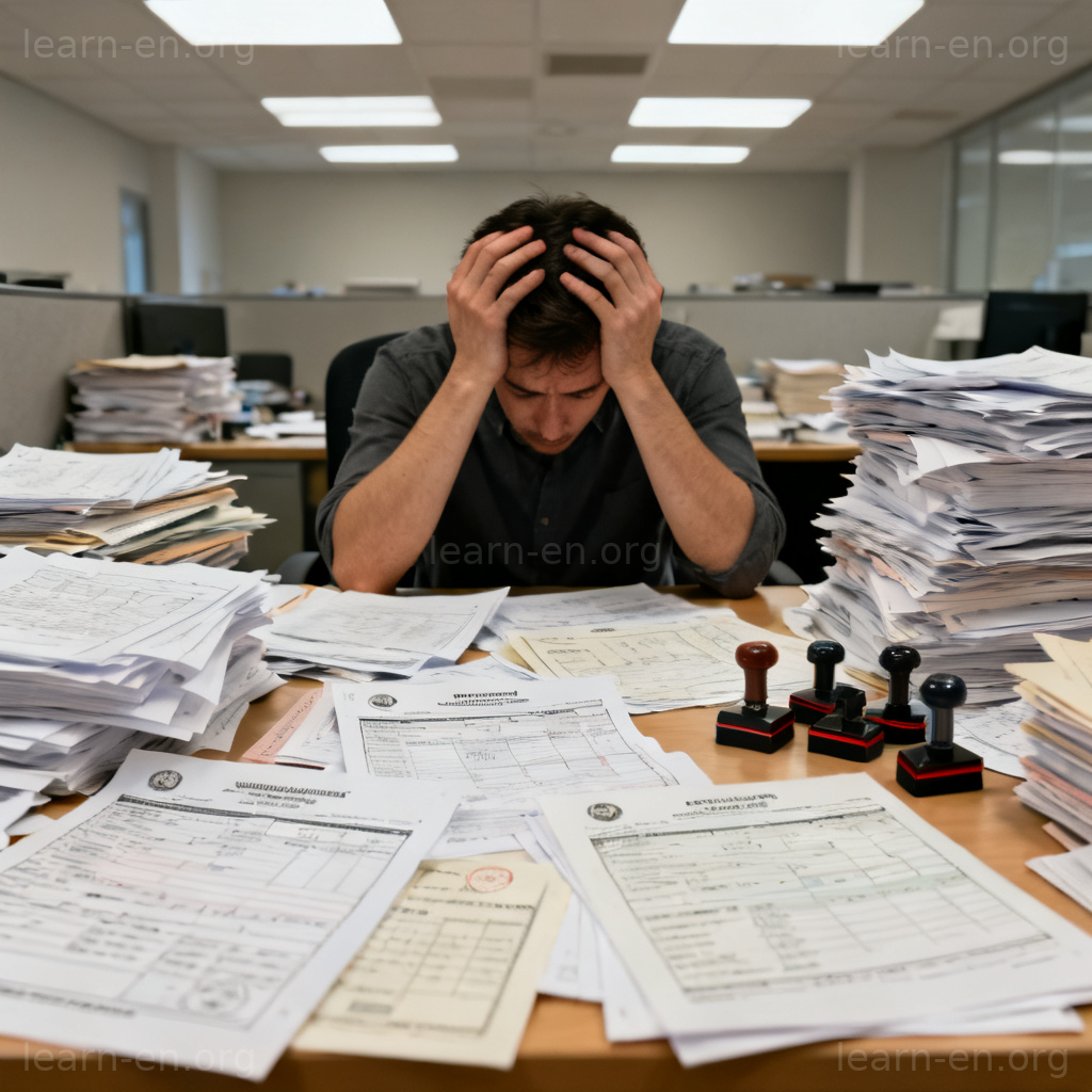 bureaucracy 官僚作风图解：办公桌上堆满文件表格