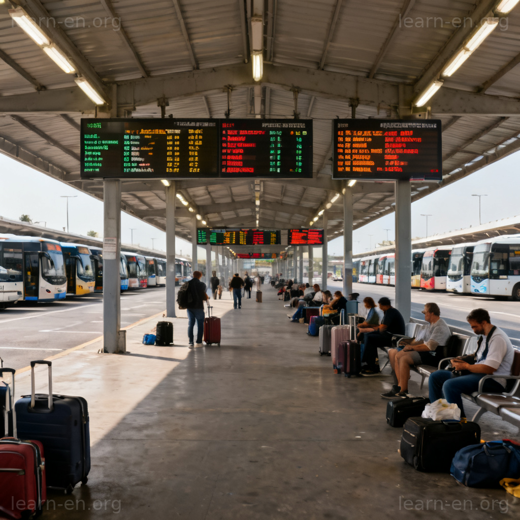 bus station 汽车站场景图解：带顶棚建筑、多个巴士停靠位、电子显示屏