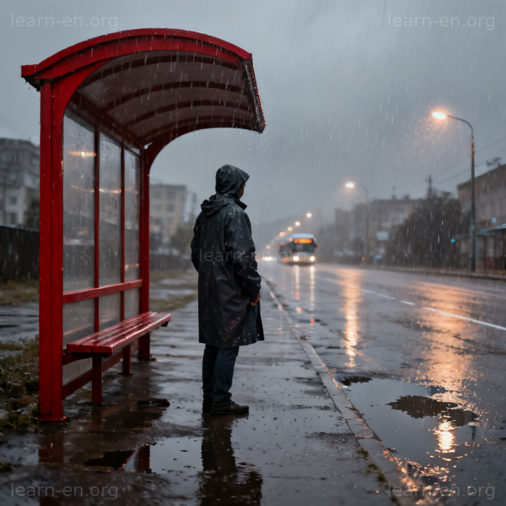 bus stop 图解：雨天城市街道红色公交候车亭场景