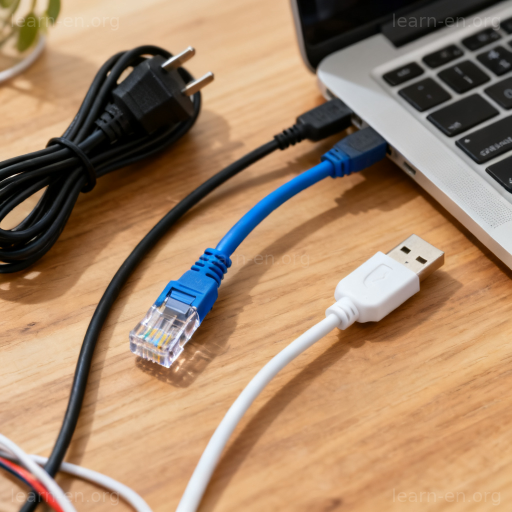 cable电缆图解：办公桌上多种颜色数据线与电源线