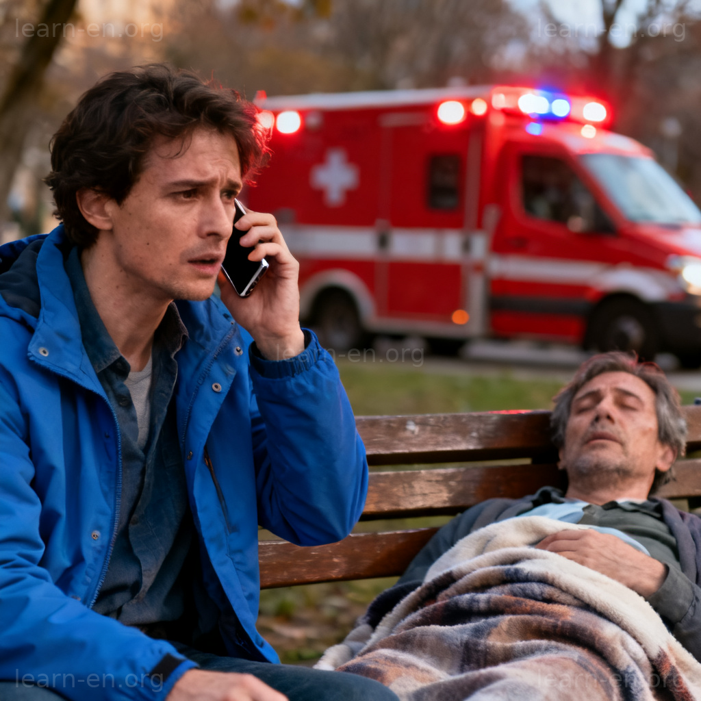 call an ambulance 场景图解：公园长椅上有人不适，旁人正用手机紧急呼叫救护车