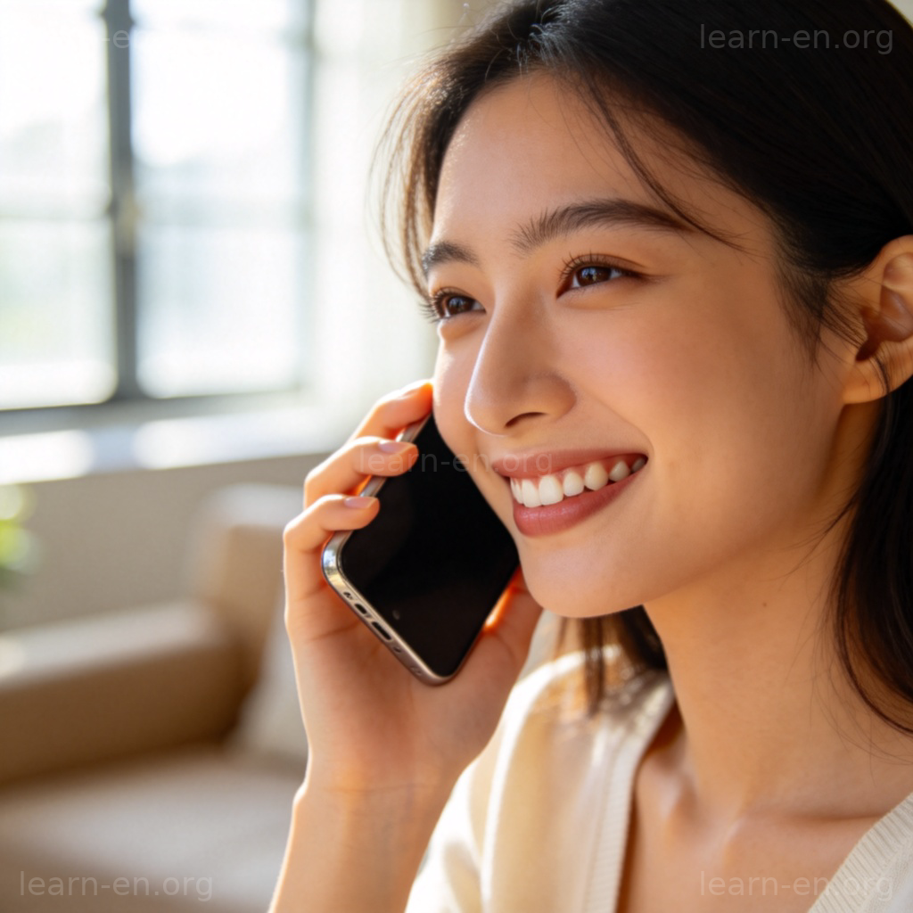 call 打电话场景图解：女士在客厅用手机通话