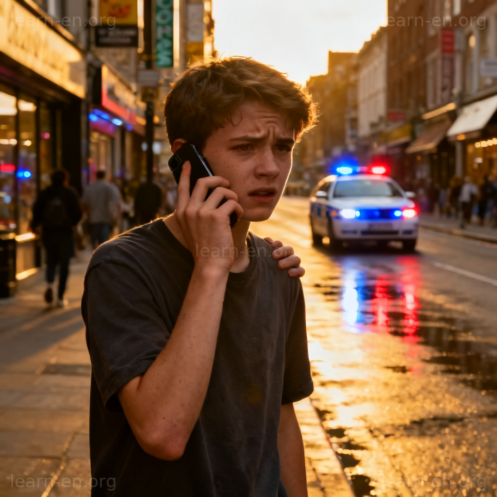 call the police 报警场景图解：市民用手机报警，警车驶来