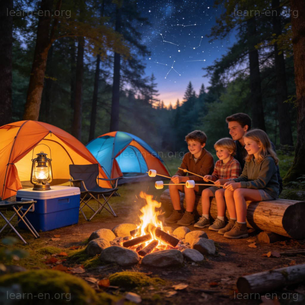 Camp 露营地场景图解：森林中的帐篷与篝火