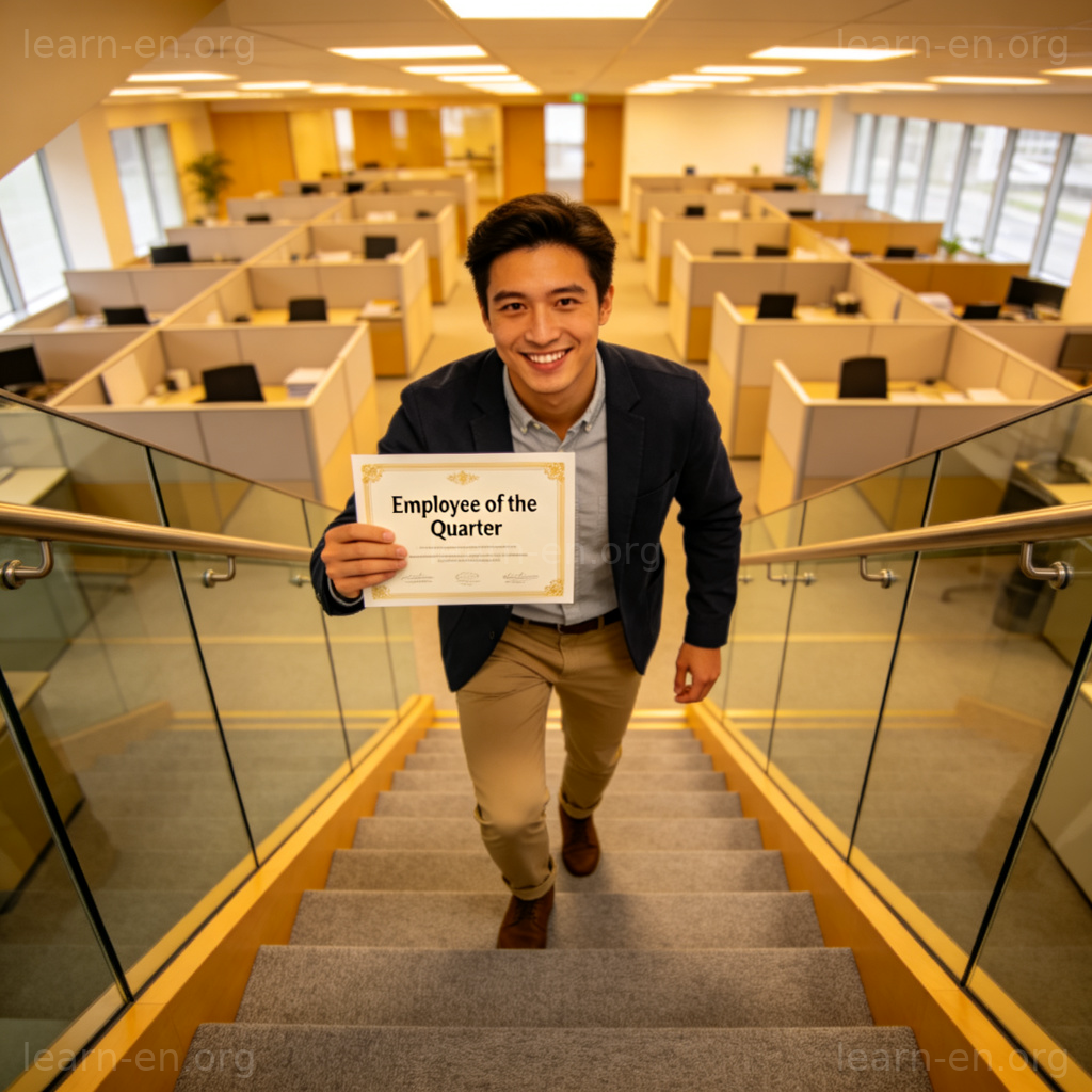 Career Advancement 图解：办公室楼梯上手持证书的晋升场景