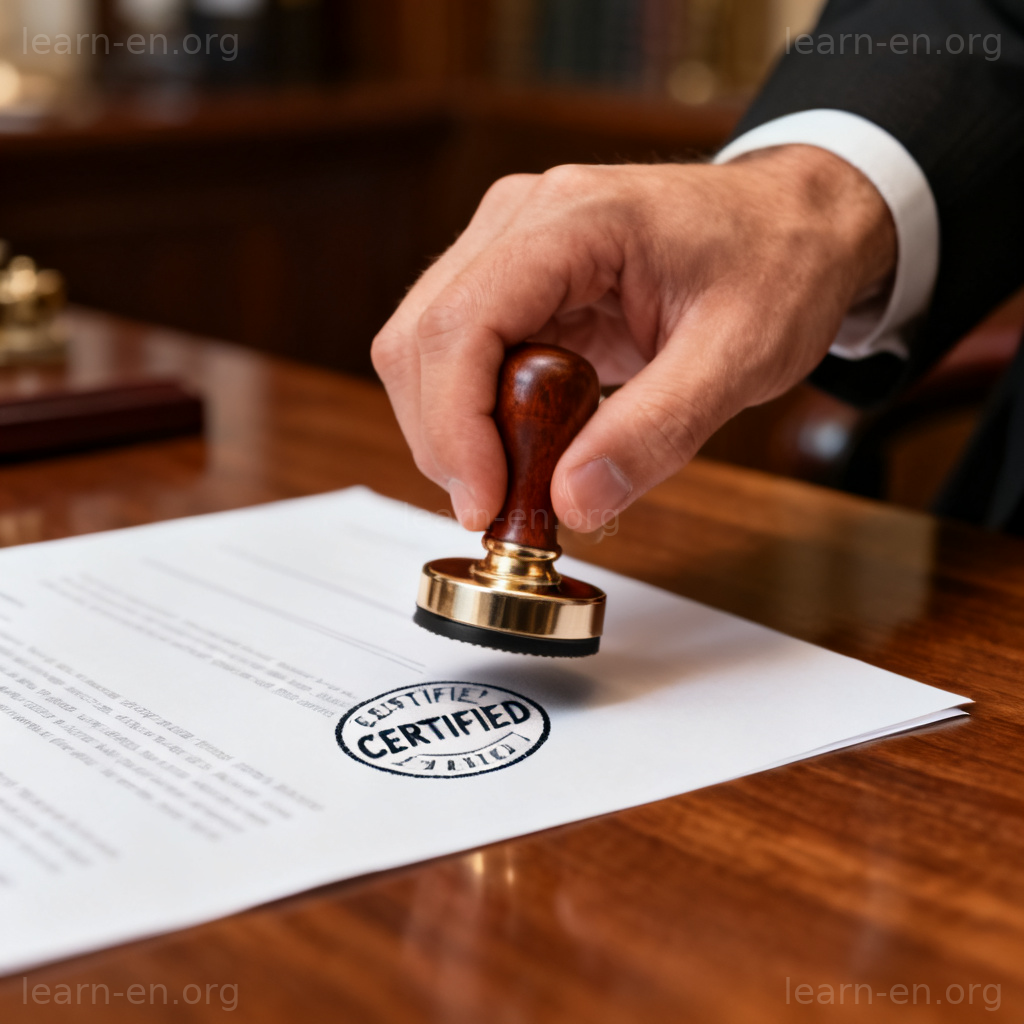 certify 证实含义图解：文件上盖有认证印章的特写