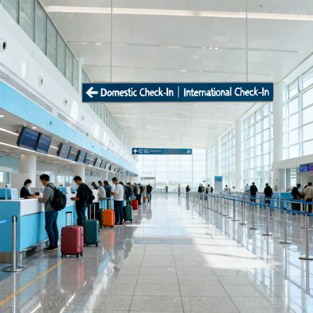 check-in counter 图解：现代机场值机柜台场景，乘客排队托运行李
