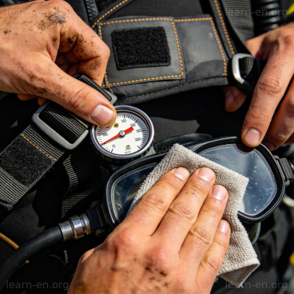 check your gear before diving 短语图解：潜水前检查装备场景